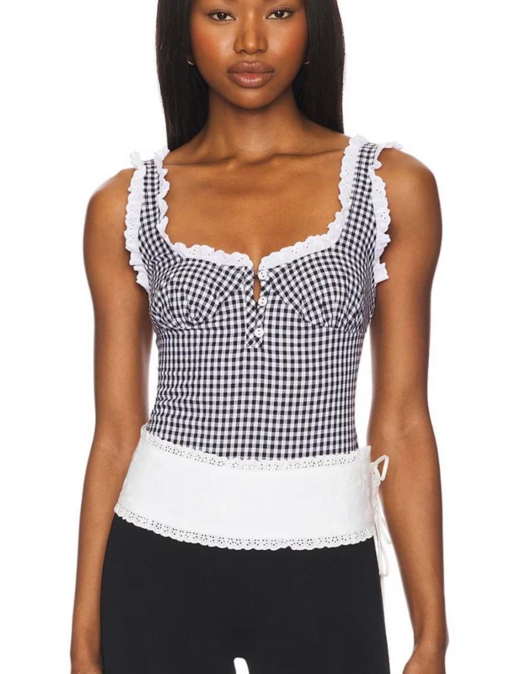 Free People Black and White Gingham Lace-Trim Tank